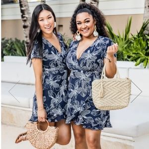 DRAW YOUR ATTENTION WRAP FLORAL NAVY DRESS